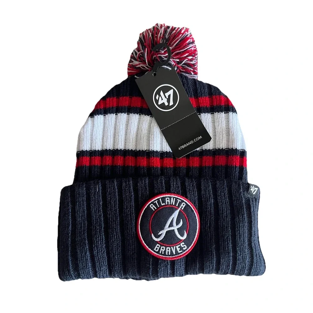 Atlanta Braves 47 Striped Winter Beanie MLB Hat Cap Red White Navy NEW w/ Tags!!